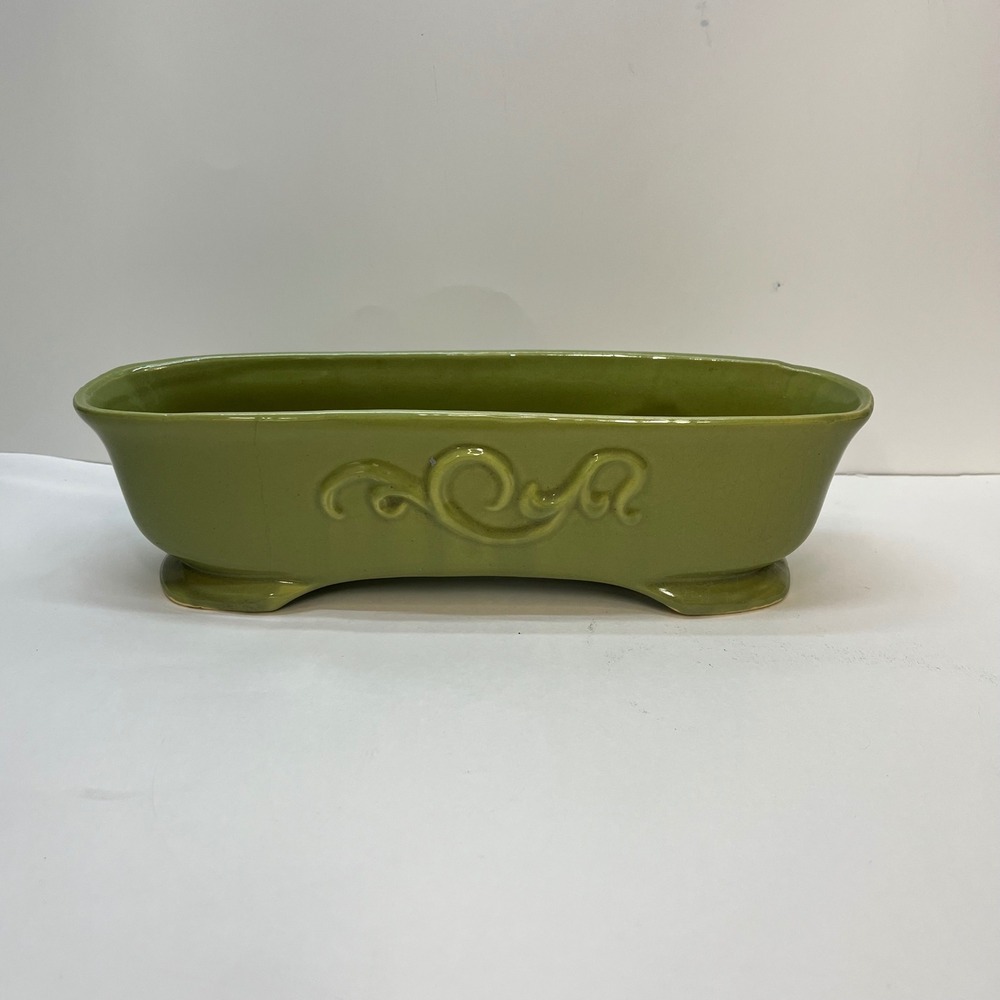 Vintage Avocado Green Ceramic Trough Planter Mid Century Footed Scroll Design